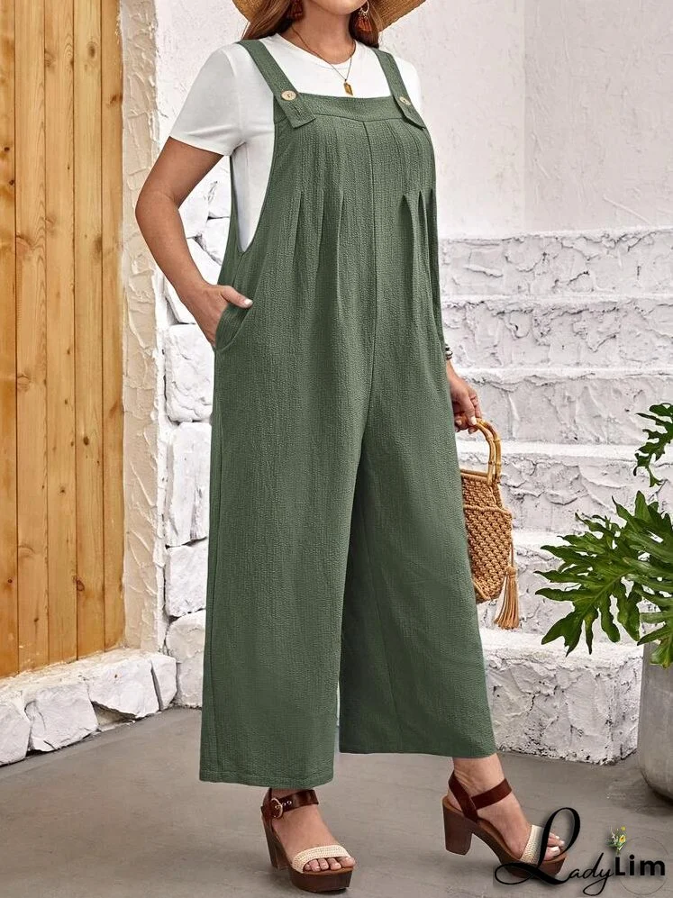 Plus Size Women's Solid Color Simple Daily Wear Jumpsuit With Straps