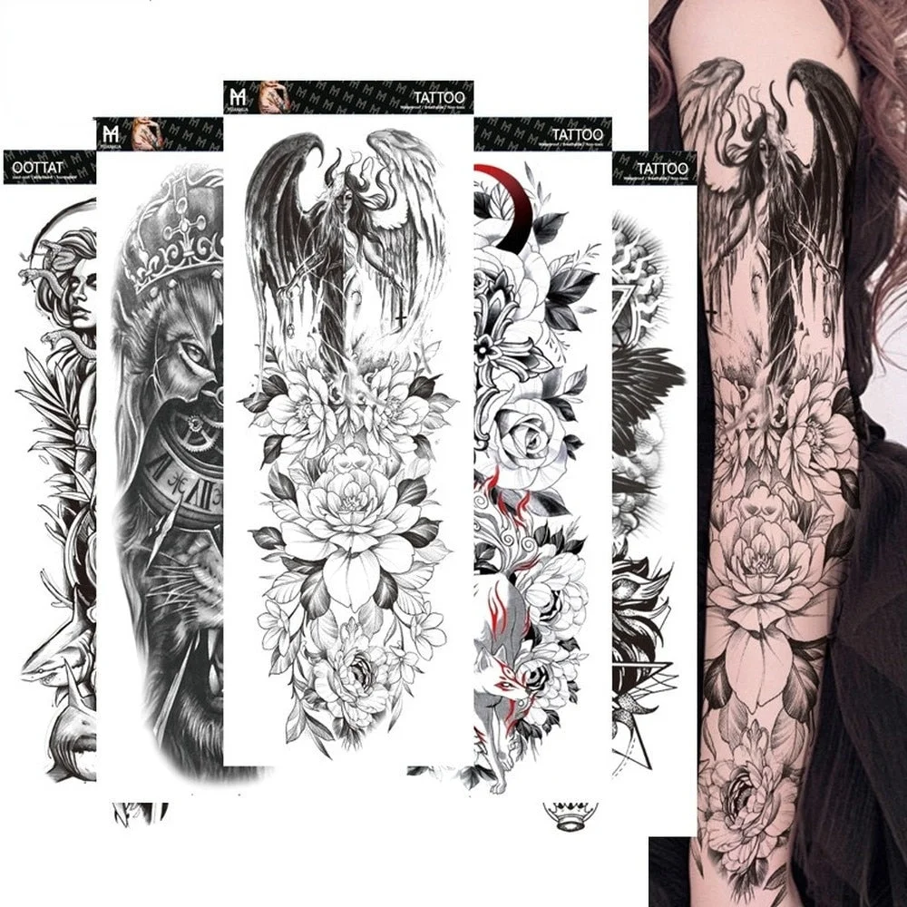 Fake Tattoo Lion Warrior For Men Waterproof Temporary Snake Flower Sticker Totem Geometric Full Arm Large Size Sleeve Tatoo Boys
