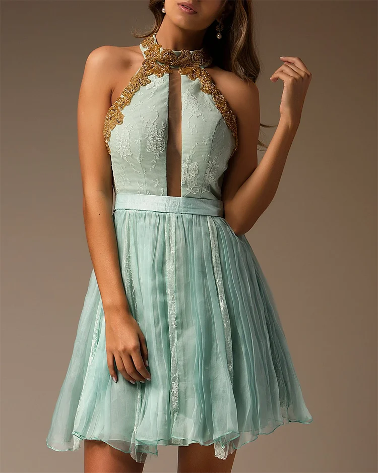 Women's Halter Neck Embroidered Mini Dress