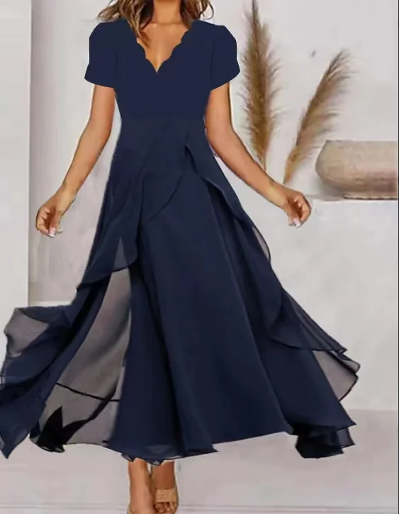 Dark Blue Half Sleeve Solid Color Ruched Mesh Casual dress