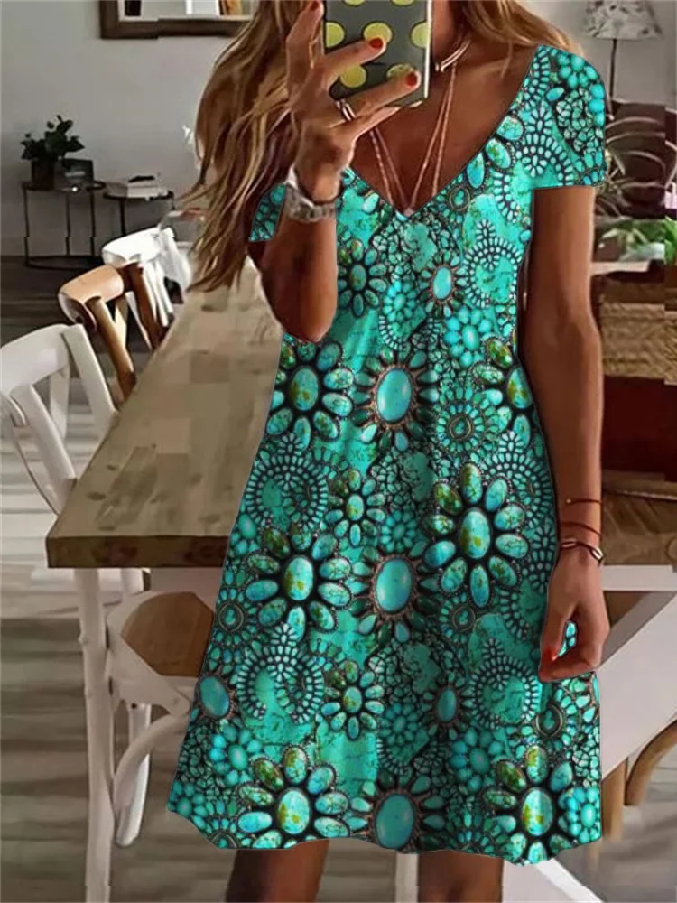 Western Vintage Turquoise Pattern V Neck Midi Dress