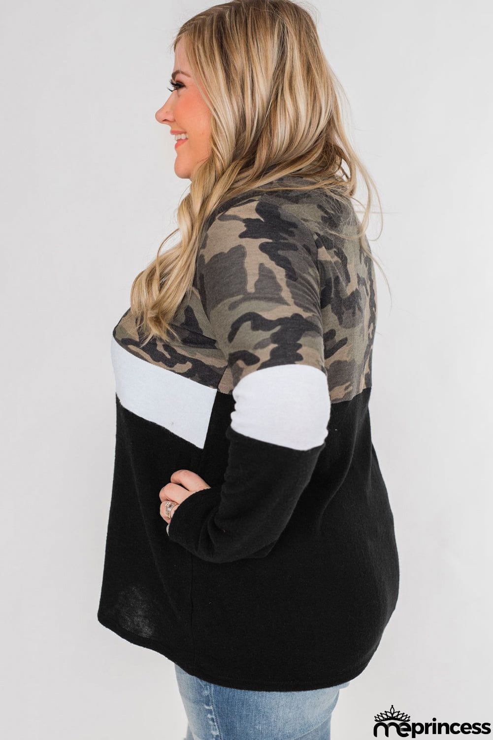 Plus Size Quarter Zip Camo Color Block Sweatshirt
