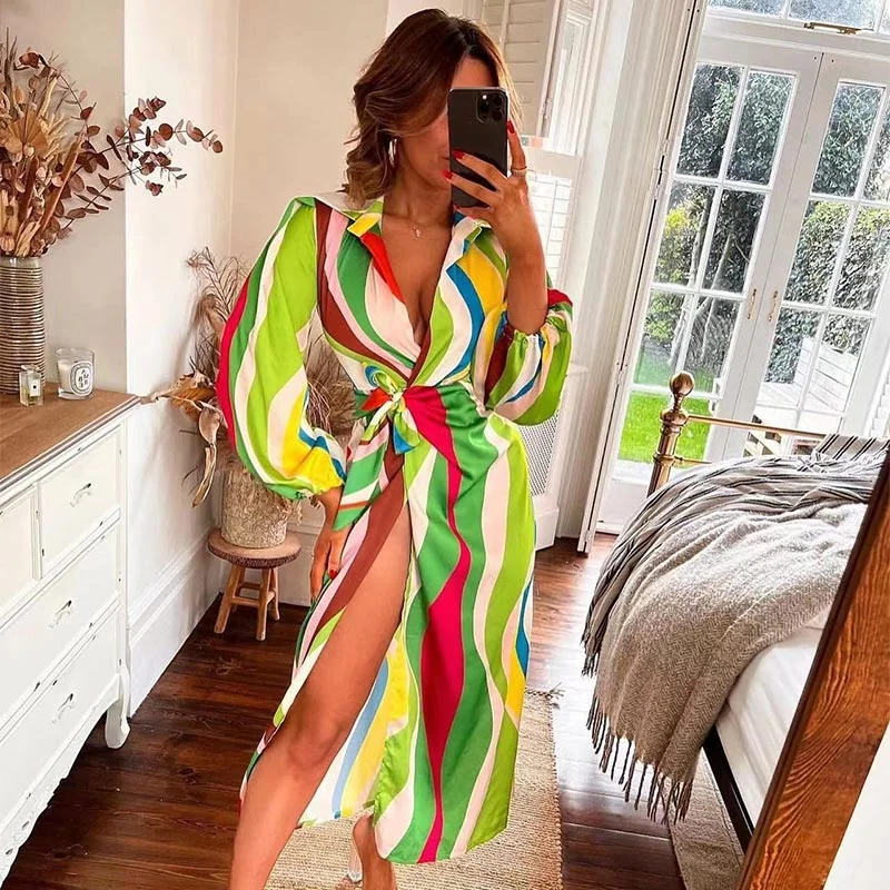 Women Vitange Pattern Print Boho Shirt Dress Female Fashion Lapel Long Sleeve Lace Up Robe 2022 Summer High Slit Loose Dresses
