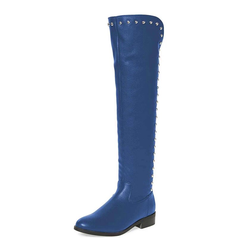 TAAFO Rivet Black Solid Vegan Woman Knee-High Boots Zipper Chunky Heels Round Toe 