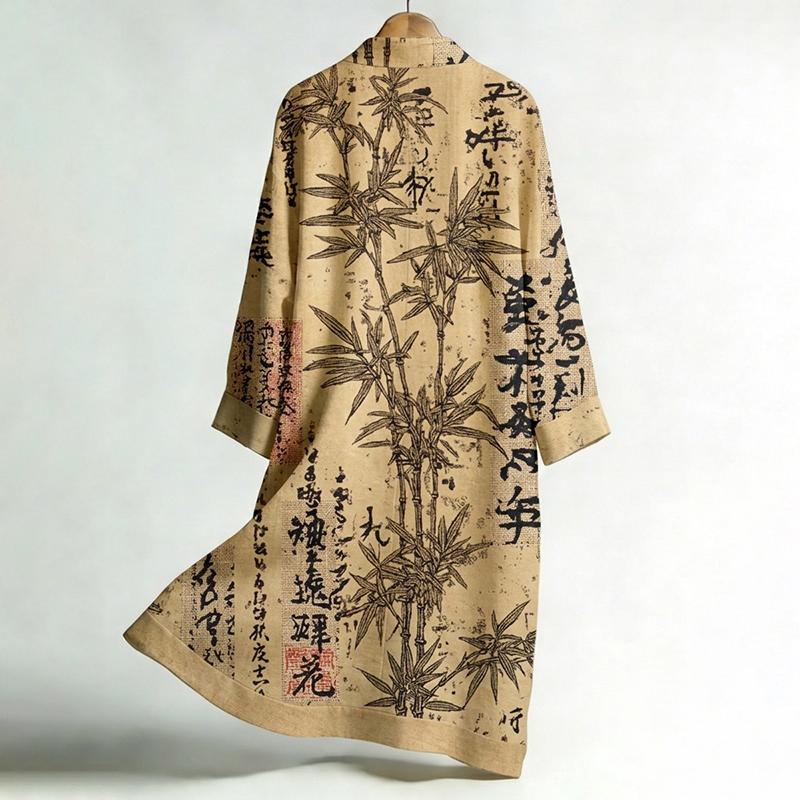 Men's Retro Bamboo And Calligraphy Print Linen Long Kimono  artssus