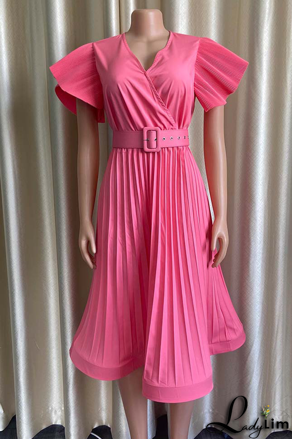 Pink Casual Solid Flounce Cross Straps V Neck Cake Skirt Dresses