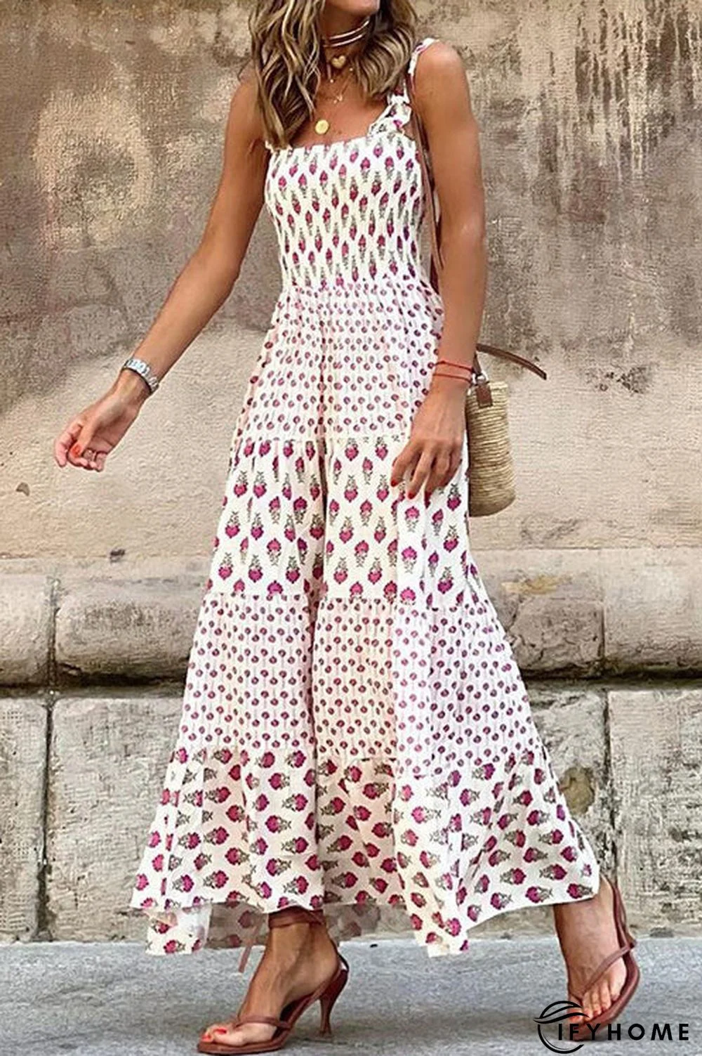 Printed Smocked Ruffle Maxi Dress | IFYHOME