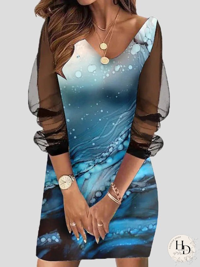 Dresses Printed Slim Fit Mesh Long Sleeve Dress for Women