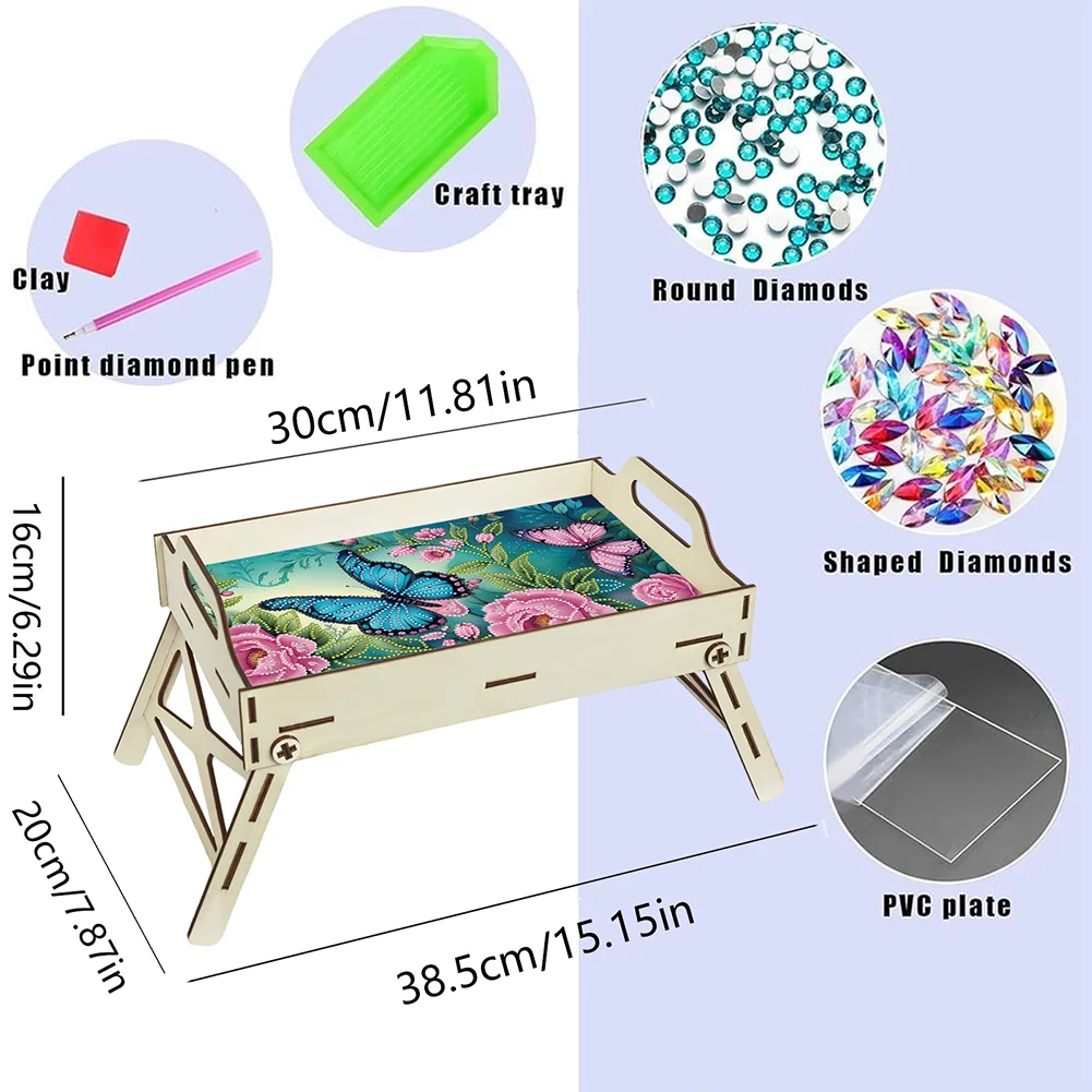 DIY Diamond Painted Dining Plate with Handle Wooden Food Tray Home Decor Gift