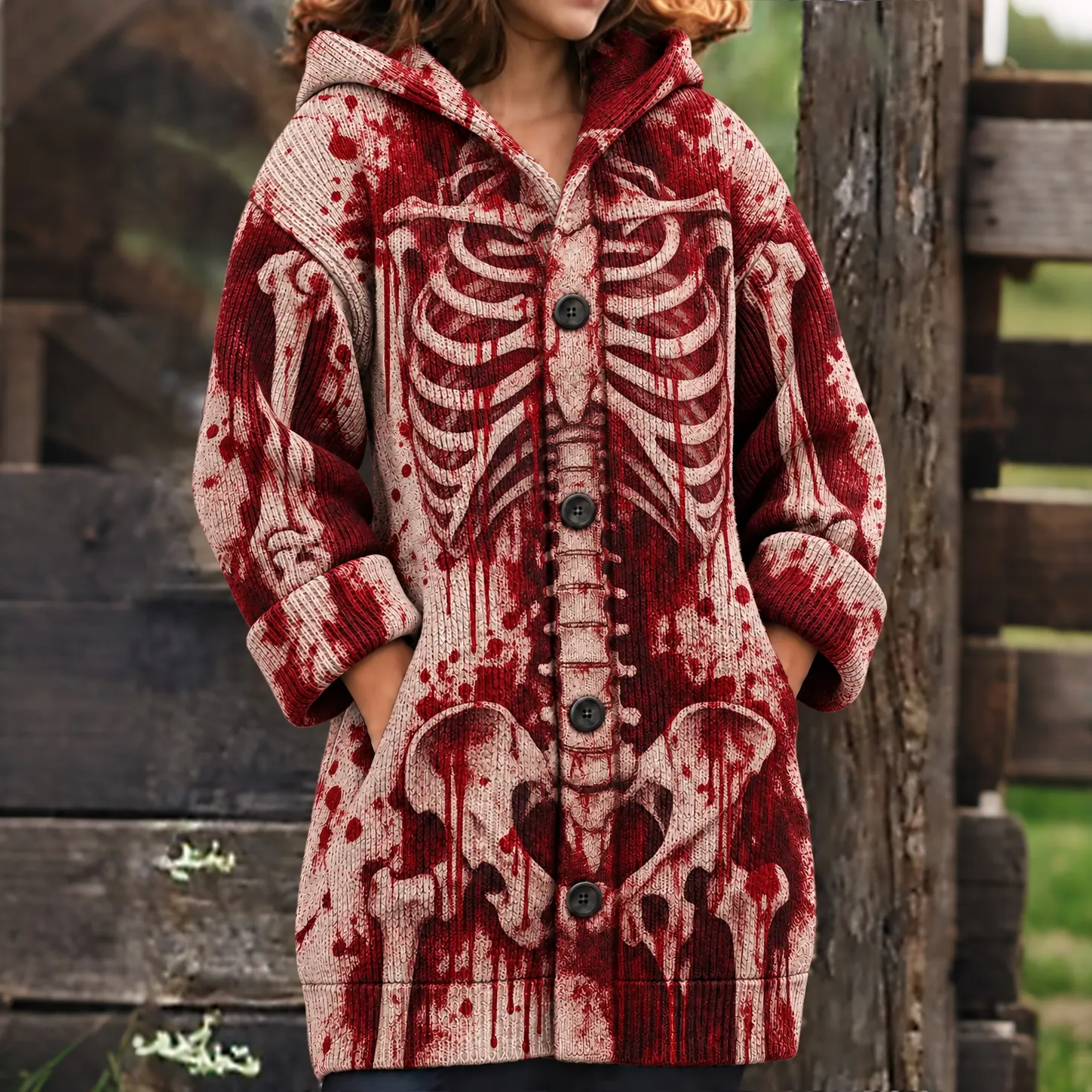 Comstylish Women's Vintage Blood-stained Human Skeleton Knit Hooded Cardigan