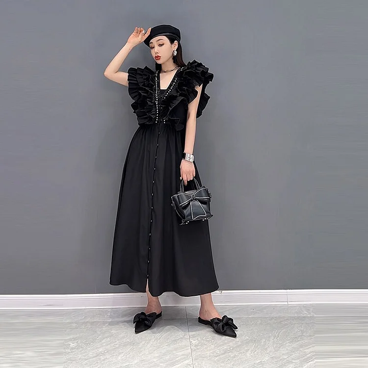 Elegant Black V-neck Ruffles Patchwork High Waist Single-breasted Dress 