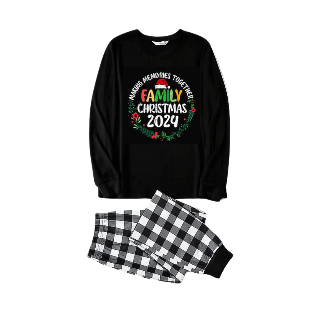 "Family Christmas 2024 Making Memories Together" Text Print Black and White Plaid Family Matching Pajamas