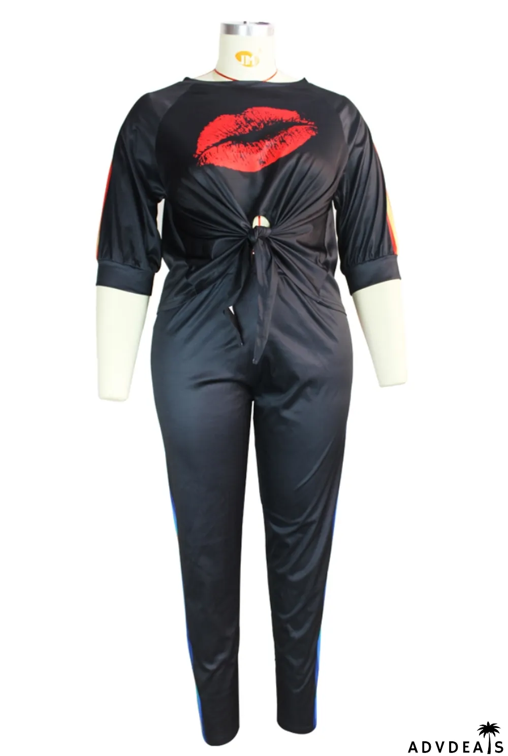 Autumn Plus Size Print Black Knotted Shirt and Pants Set