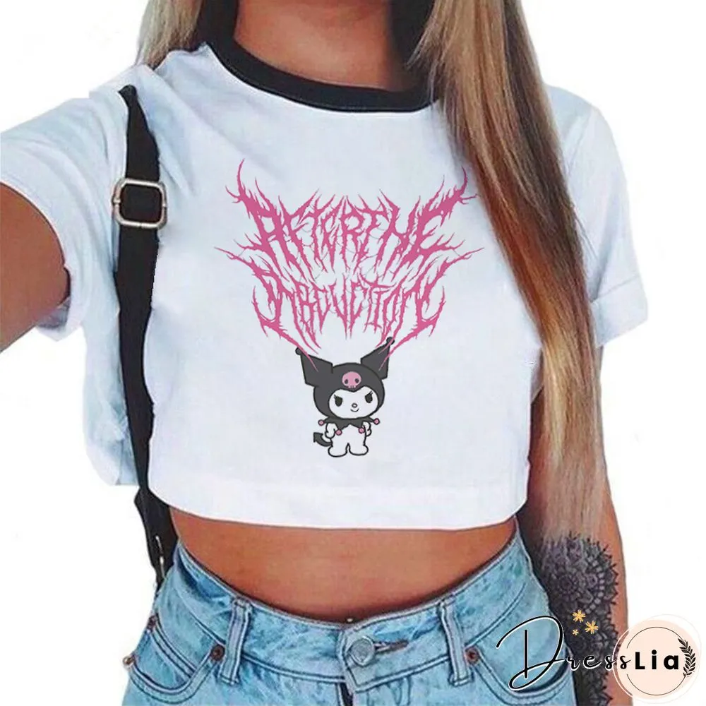 Summer Fashion Punk Tshirt Harajuku Gothic Sexy Crop Top Women Shirt Funny Hip Hop O-Neck
