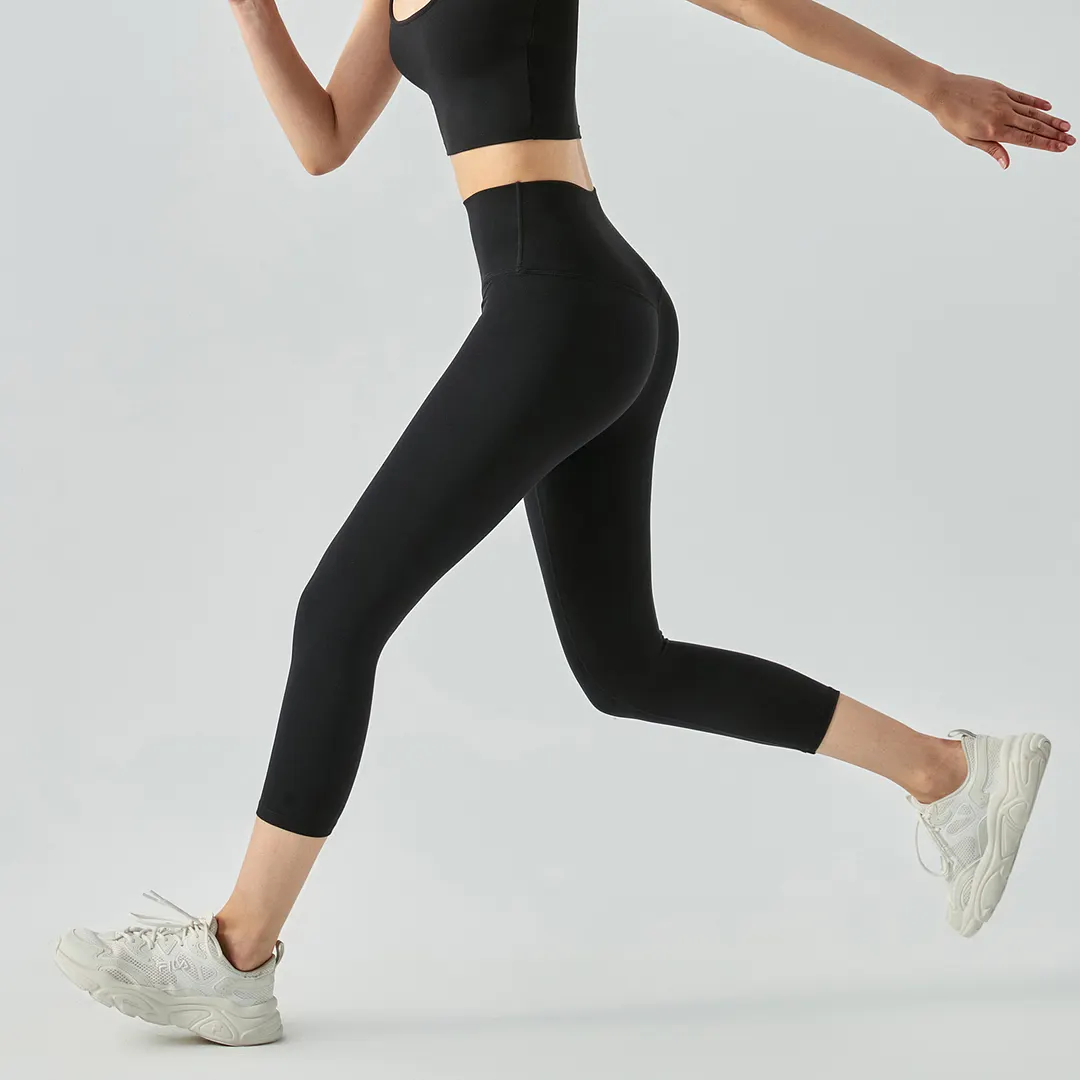 Shop no front seam slim fit freely stretchable fitness squat proof not see through comfy workout sports gym capri online on Hergymclothing Black