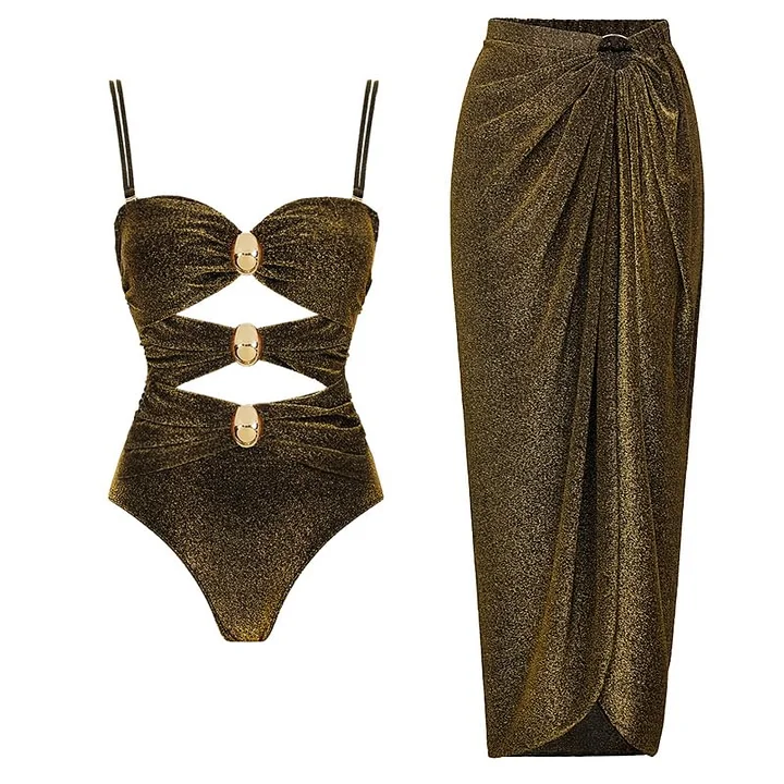 Gold Glitter Cutout Fabric One Piece Swimsuit and Skirt
