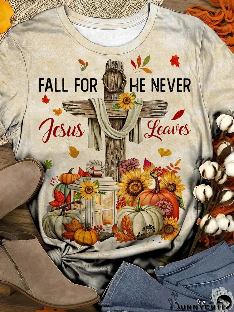 Fall For He Never Jesus Leaves Print Crew Neck T-Shirt