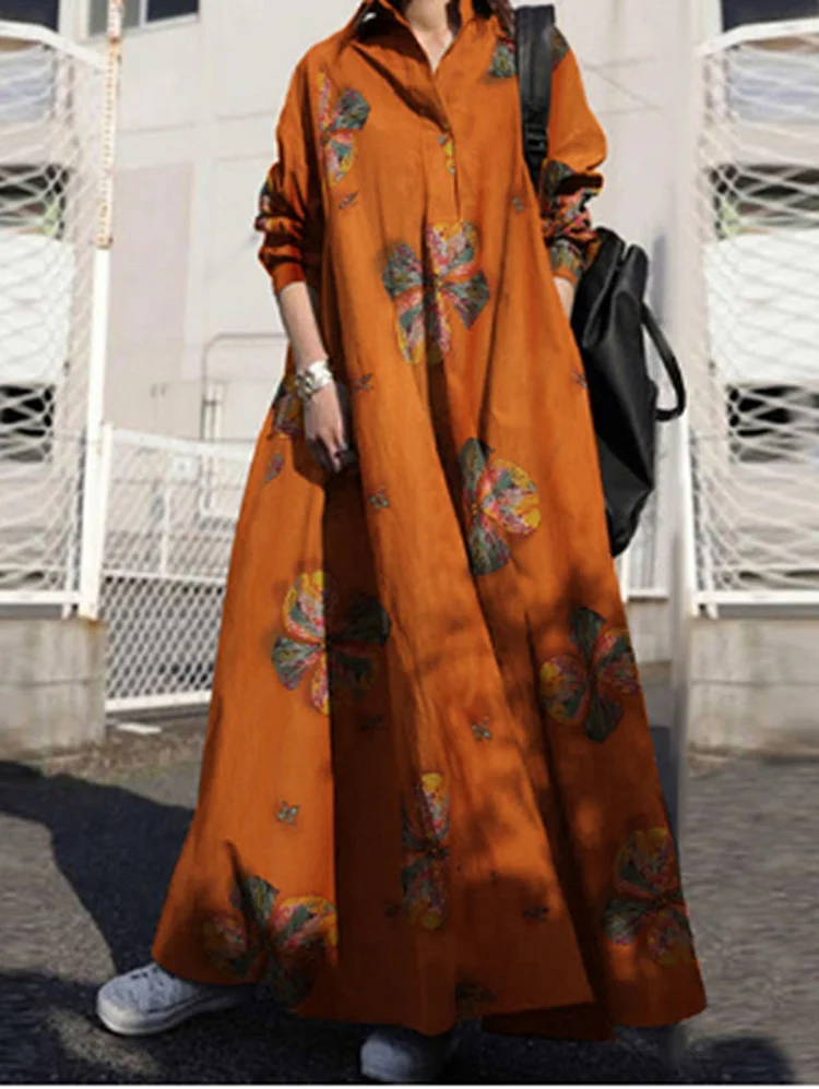 Vintage Clover Pattern Loose Long Sleeve Maxi Dress