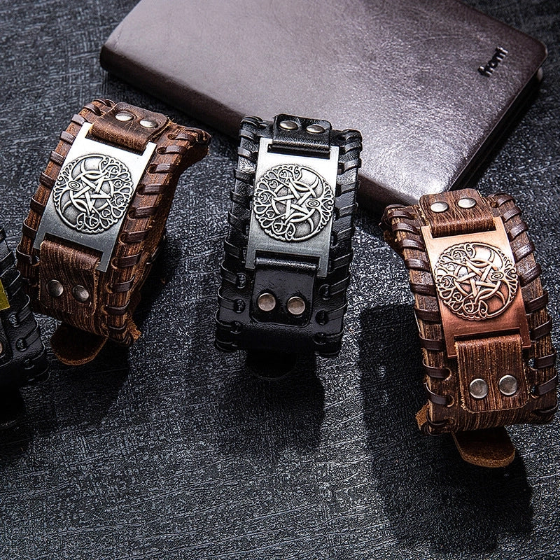 New Arrival Lucky Bracelet Handmade Top Layer Leather Bracelet Double-Layer Embossed Metal Leather Bracelet