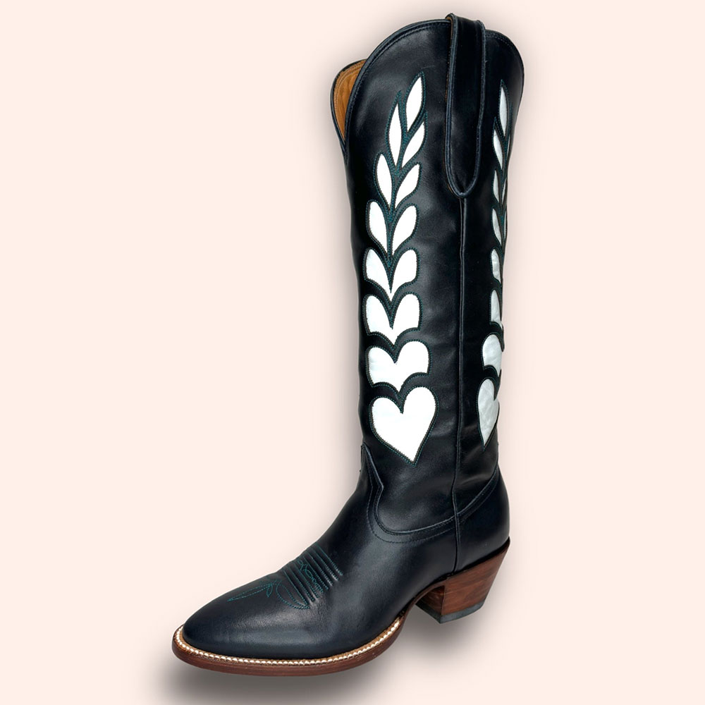Black & White Inlay Round Toe Knee-High Cowgirl Boots with Chunky Heel Nicepairs