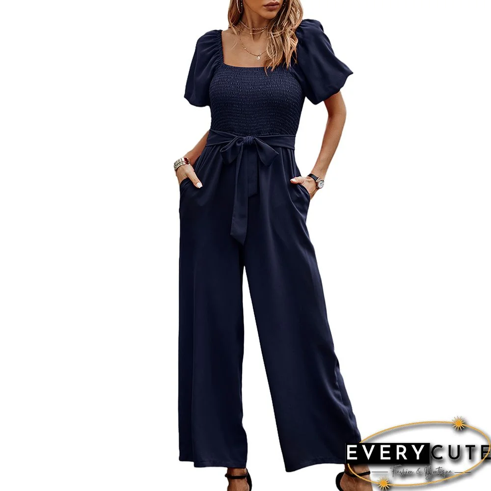 Navy Blue Square Neck Pleated Jumpsuit with Pockets