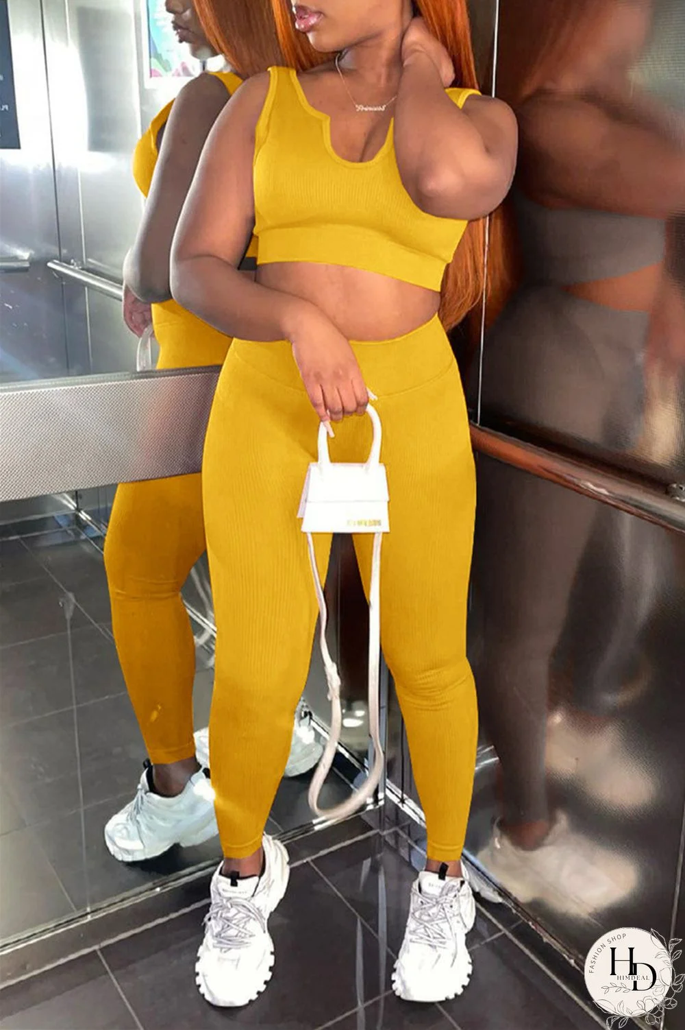 Yellow Casual Sportswear Solid Backless U Neck Two Pieces