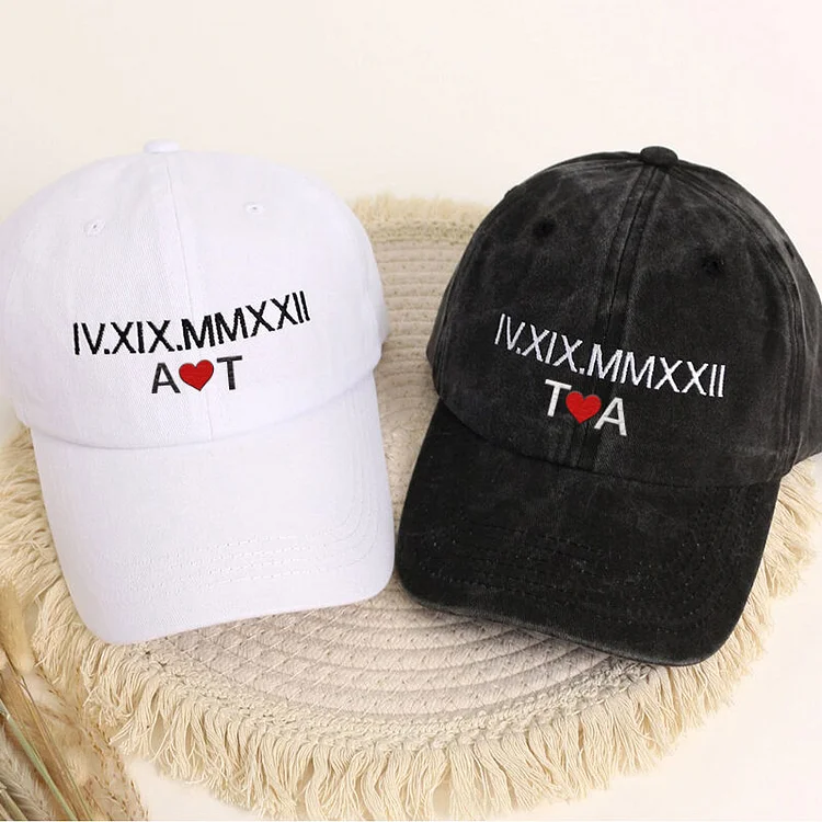 Personalized Hat Custom Embroidered Roman Numeral Date and Letters Unique Anniversary Gift for Lovers