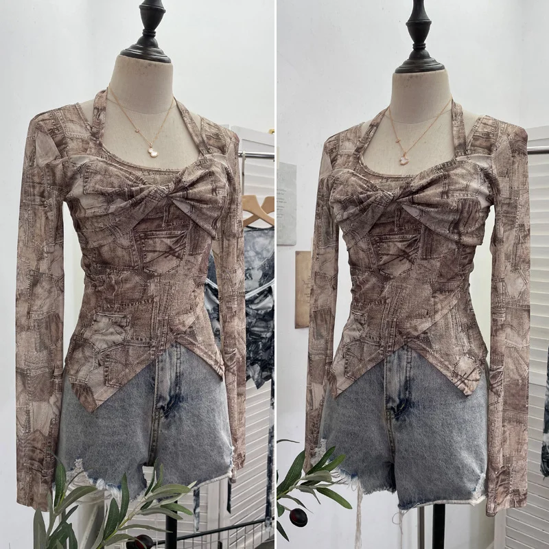 Nigikala Nigikala Special To The Net Yarn Design Sense Hanging Neck Top Cross Folded Repair Short T-Shirt 1178