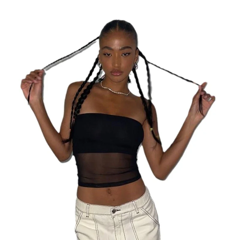 Churchf Churchf New 2024 Solid Color Sleeve Sleeveless Mesh Crop Casual Women's Top Vest