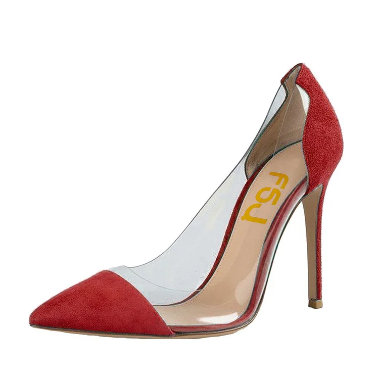 Women's Clear Heels Red Suede Stilettos Heels Pumps |FSJ Shoes
