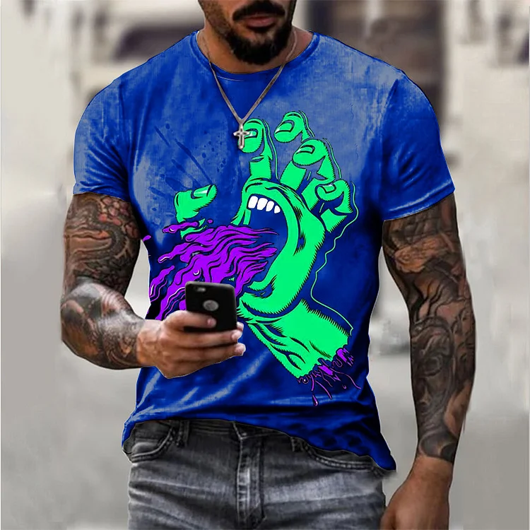 Cartoon Comics Giant Hand Print Short Sleeves Men's Casual T-shirts at Hiphopee