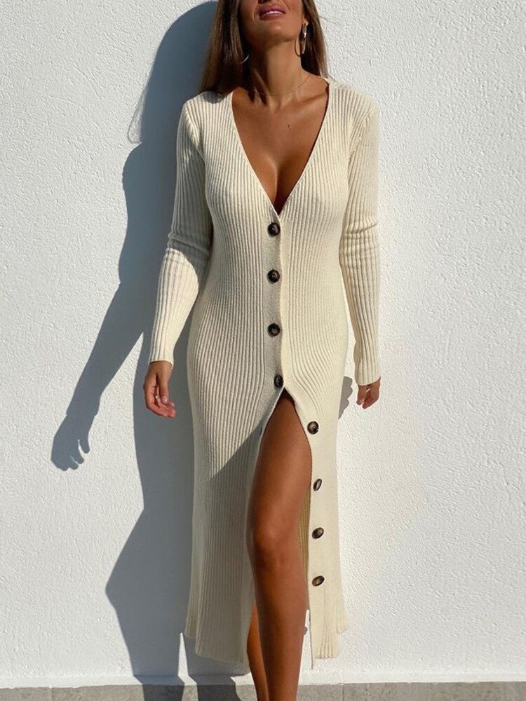 Ootddress Spring New Knitted Sweater Dress V Neck Long Sleeve Bodycon Midi Dress Cardigan Knitwear Ladies Casual White Dresses 2025