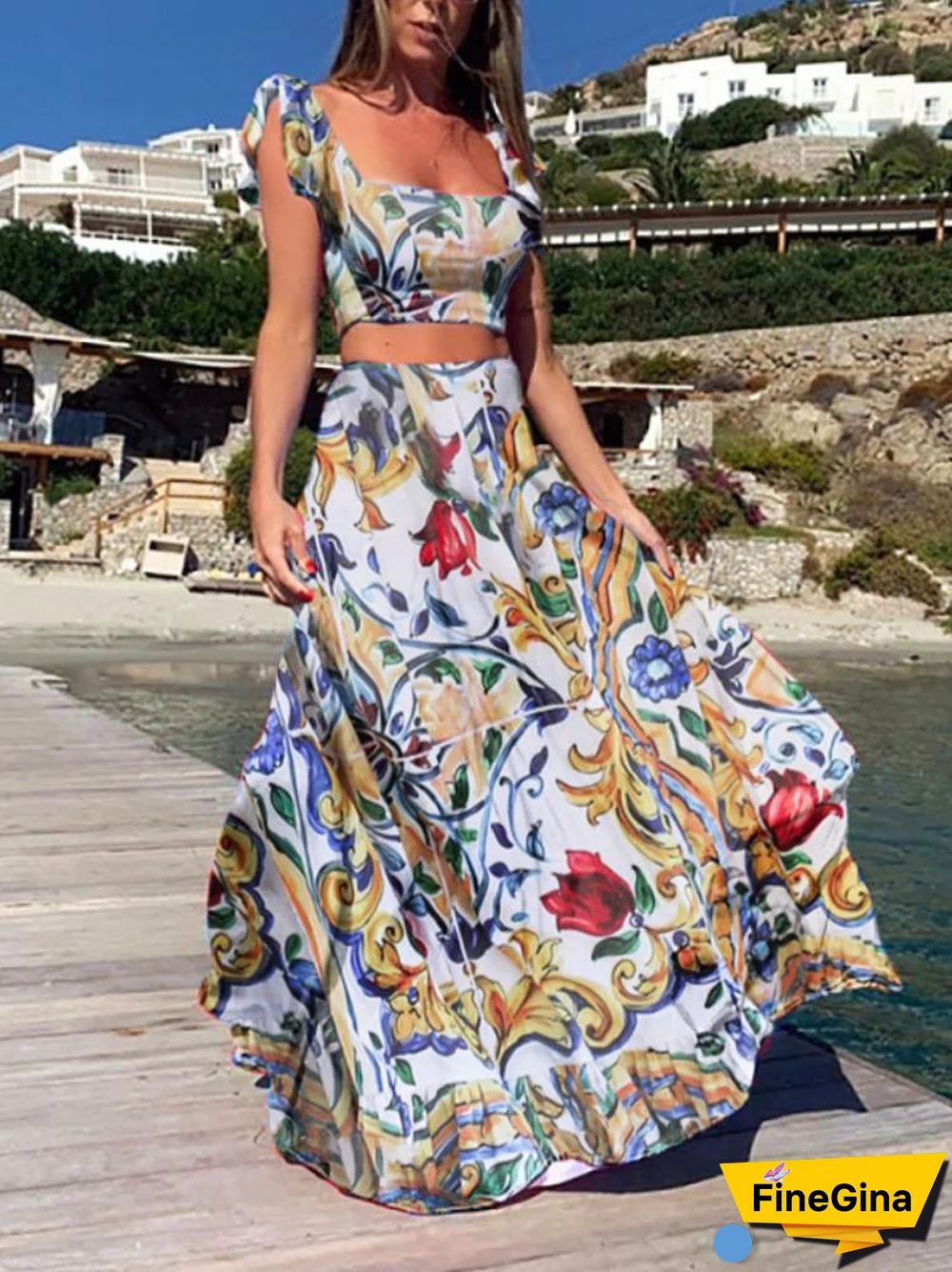 Square Neck Printed Top And Skirt Vacation Set