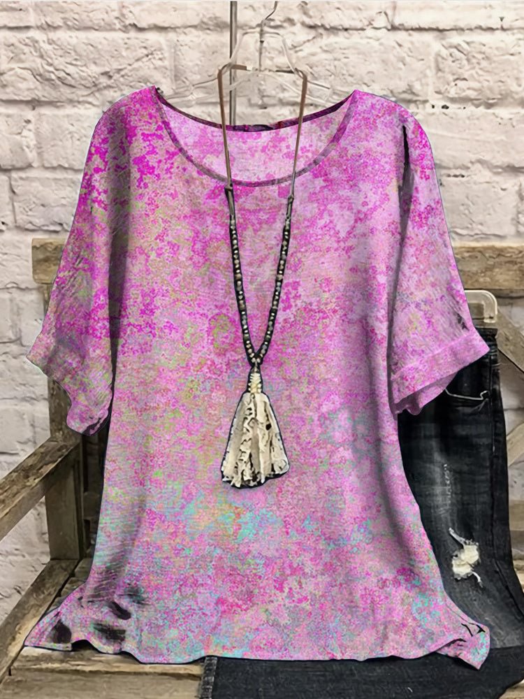 Women Half Sleeve Scoop Neck Colorblock Tie Dye Pink Women Tops