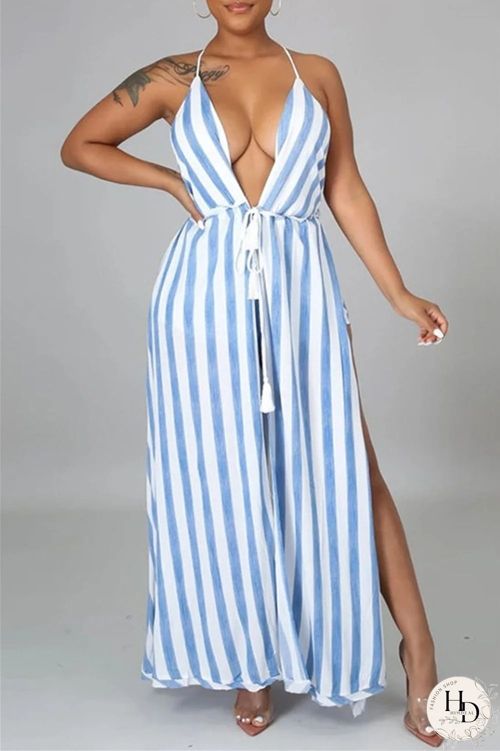 Blue Fashion Sexy Print Bandage Backless V Neck Sleeveless Two Pieces