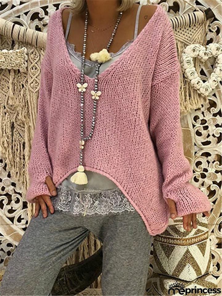 V Neck Asymmetric Long Sleeve Sweaters