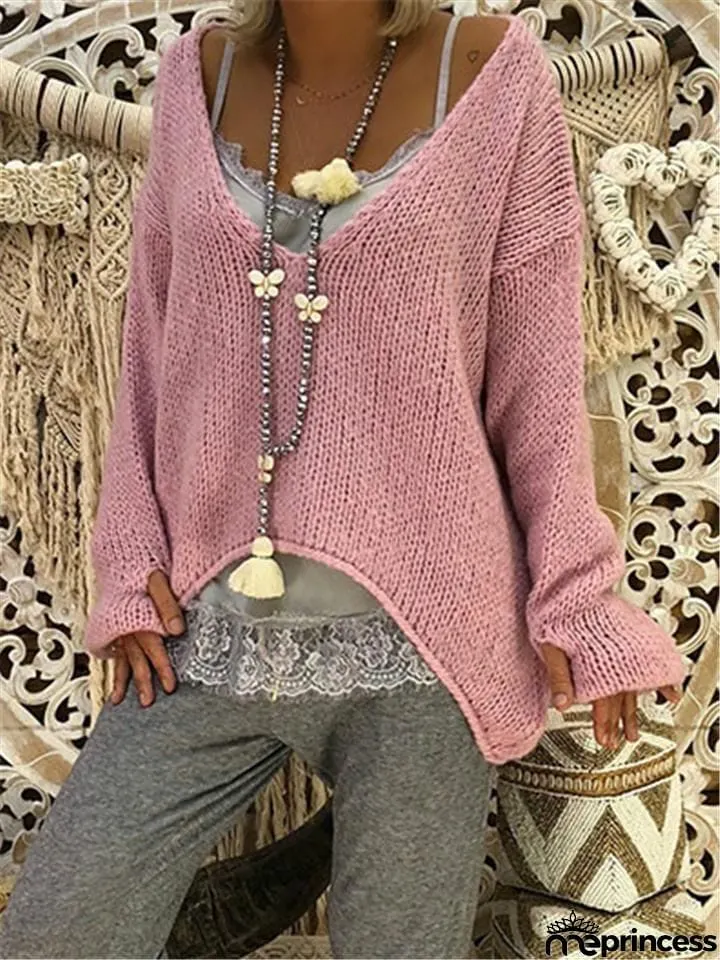 V Neck Asymmetric Long Sleeve Sweaters