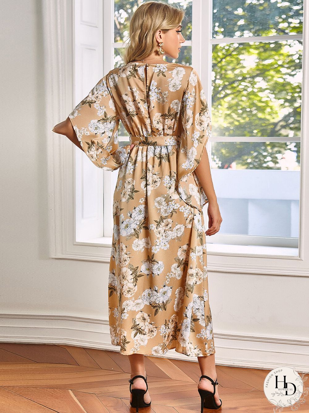 V-neck Floral Print Belt Design Irregularly Slit Hem Maxi Dress