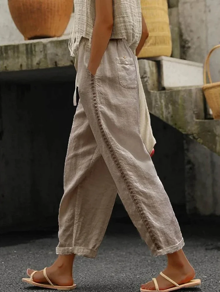 Daily Drawstring Stretchy Waist Side Hollow Out Pocket Plain Pants