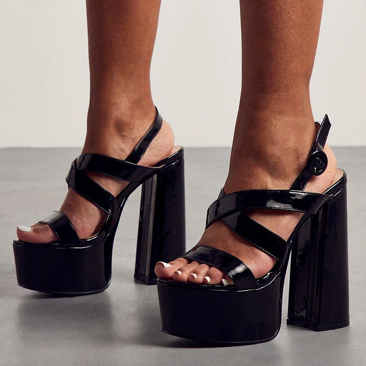 Black Patent Leather Chunky Heel Strappy Slingback Platform Sandals |FSJ Shoes