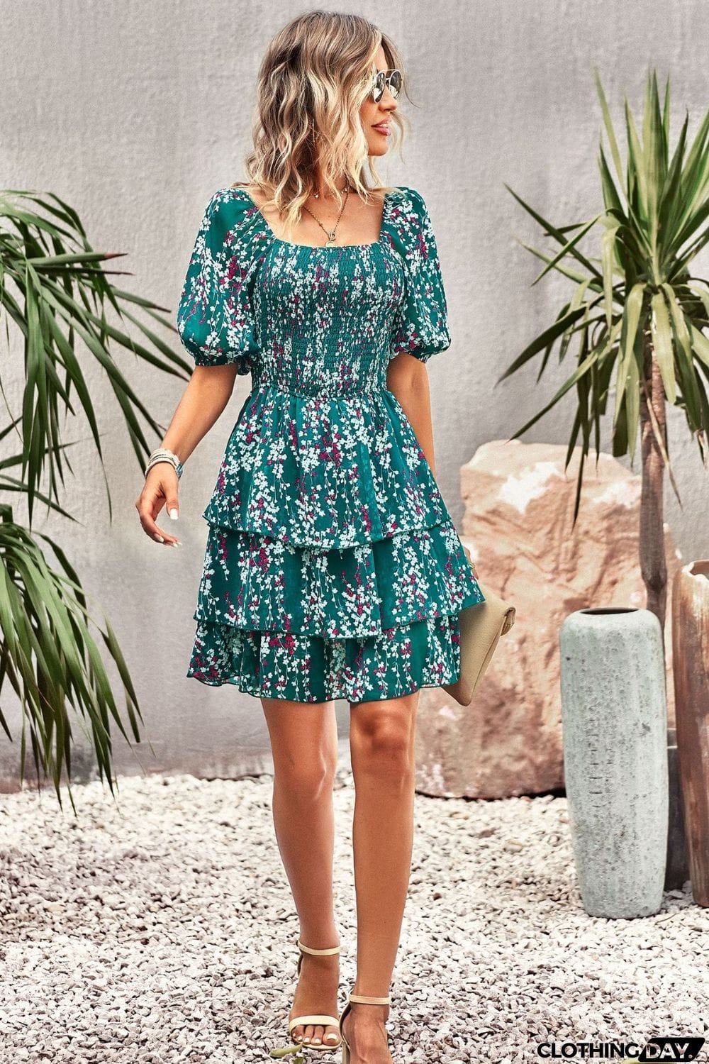 Smocked Square Neck Balloon Sleeve Mini Dress