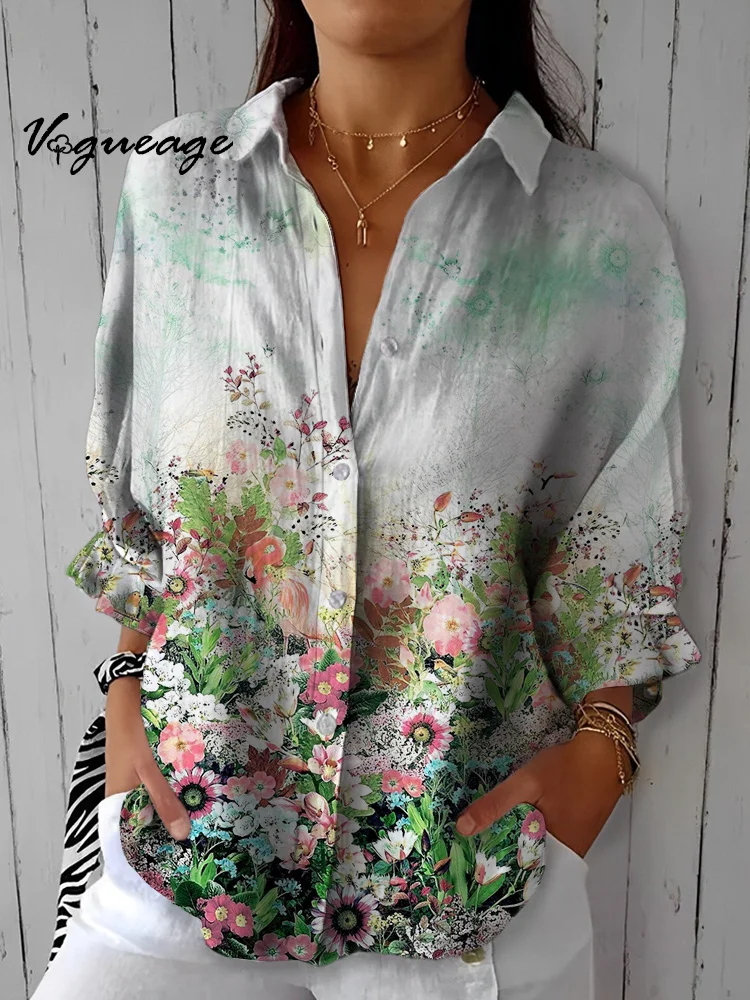 Simple Elegant And Comfortable Flowers Printed Cotton And Linen Shirt