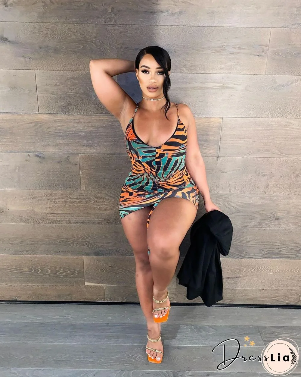Sexy Printed Sleeveless Drawstring Ruched Bodycon Dress