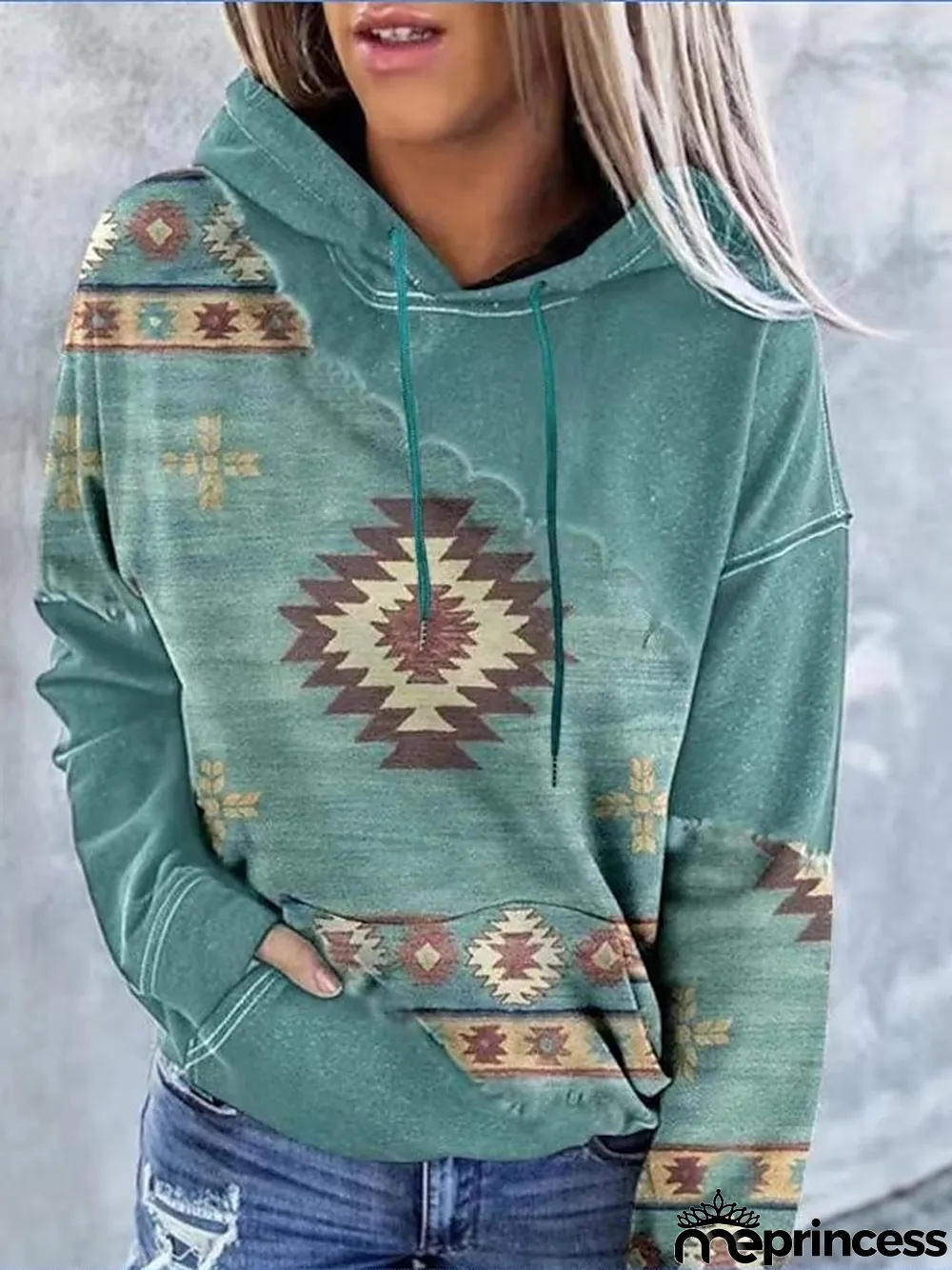 Women's Hoodie Sweatshirt Pullover Geometric Vintage Ethnic Street Casual Front Pocket Red Blue Green Vintage Ethnic Neon & Bright Hoodie Long Sleeve Top Micro-elastic Fall & Winter