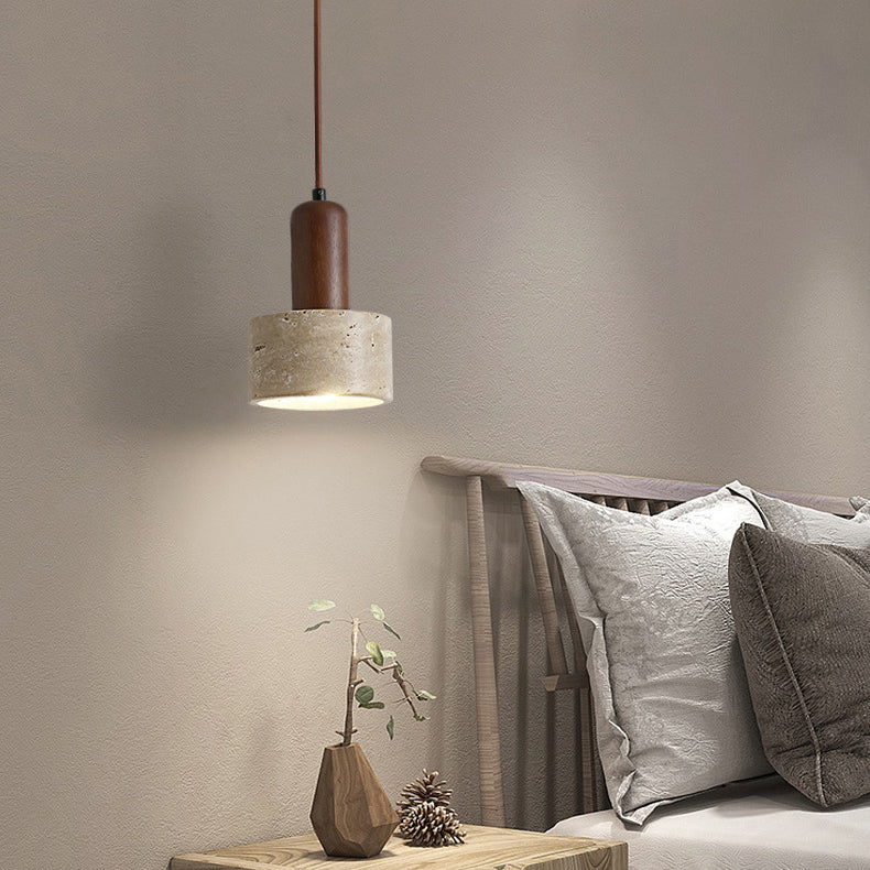 Traditional Vintage Cylinder Disc Travertine Solid Wood 1-Light Pendant Light For Bedroom