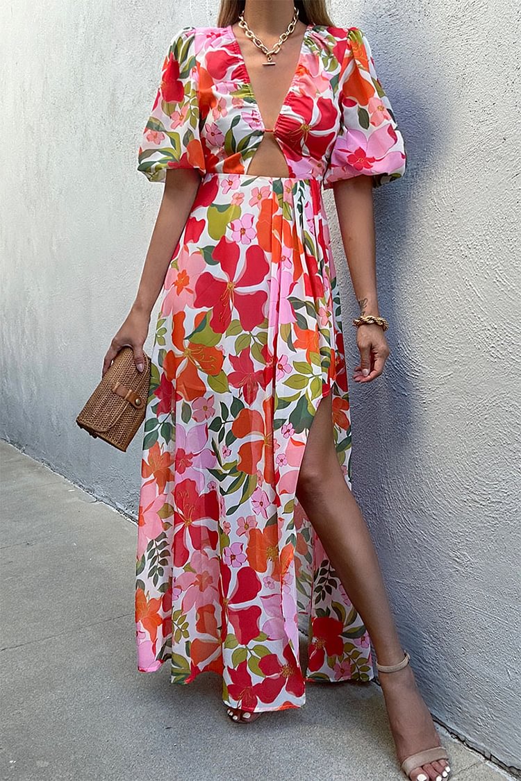 Puff Sleeve V Neck Floral Print Cutout Slit Maxi Dresses