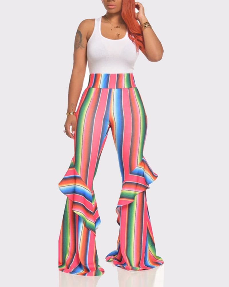 Fashion Printed Striped Ruffled High-waisted Flared Pants