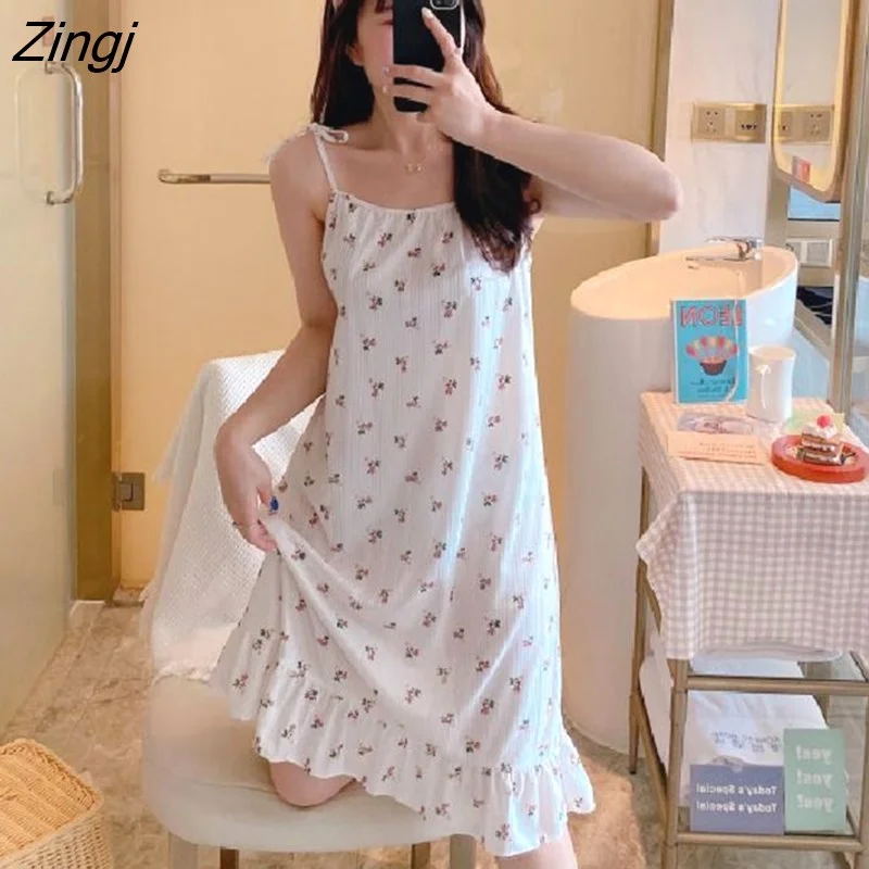 Zingj Women Summer Floral Mini V-neck Sleeveless Elegant Sleepwear Homewear Soft Sweet Lovely Ulzzang Design Ladies Popular