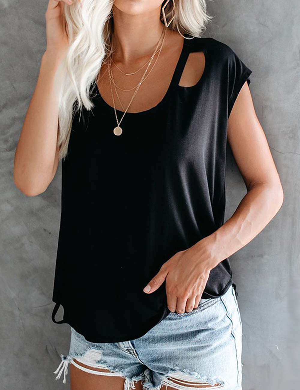 Loose Fit Round Neckline Split Cutout Side Short Sleeve Blouse