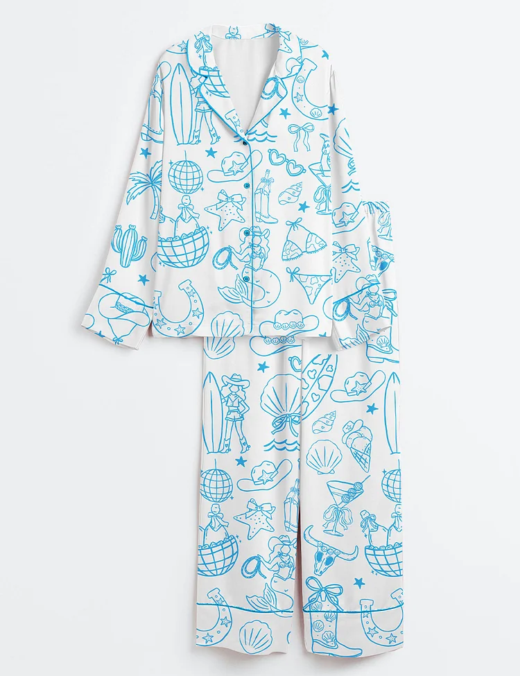 Women&rsquo;s Hand Drawn Whimsical Coastal Beach Cowgirl Western Cowgirl Print Long Sleeve Satin Pajama Set